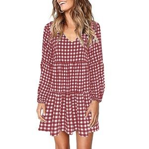 Shibever Checkered Picnic Farm Country for Women Long Sleeve Dress